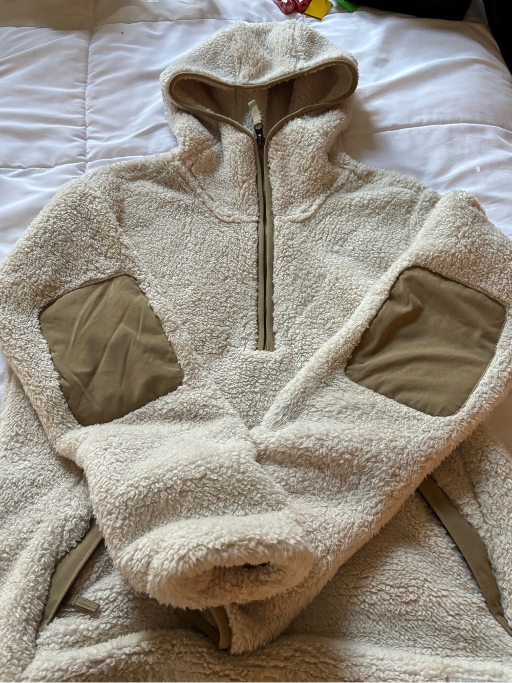 The North Face Cream Sherpa Half-Zip Hoodie with Tan Elbow Panels